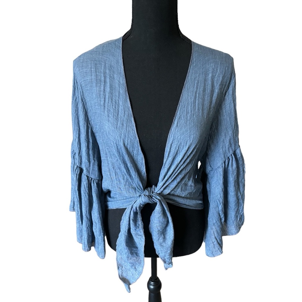 Elan Blue Chambray Tie Front Blouse with Bell Sleeves, one size